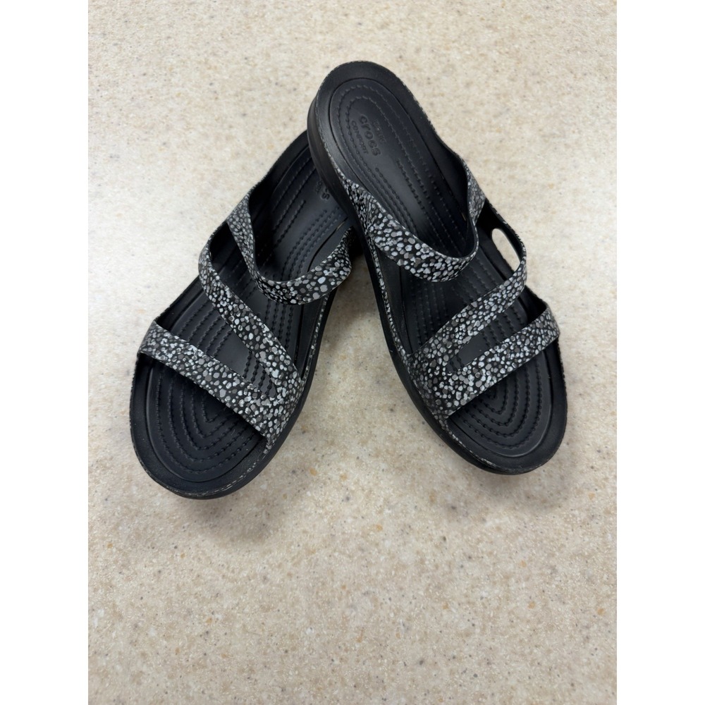 Crocs Women's Iconic Comfort Strappy Sandals Black White Print Size 8 W